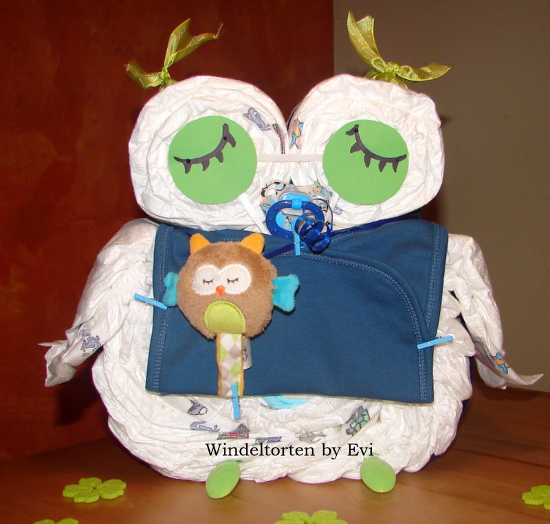 blue boy diaper owl with green eyes and pacifier chain in the form of a small owl