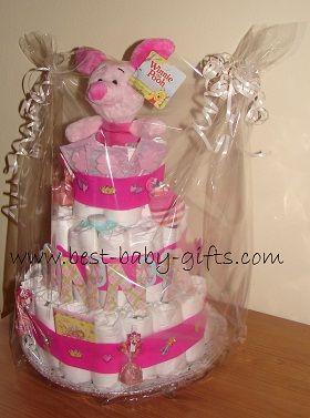 3 tier diaper cake with a plush Piglet on top