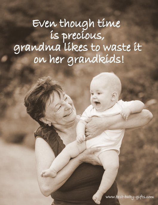 laughing grandmother holding her grandson, both having fun together, with baby quote