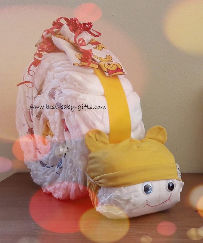 a snail made of diapers